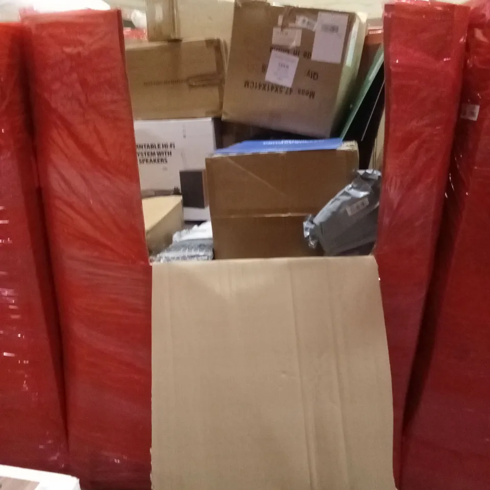 PALLET OF ASSORTED HOUSEHOLD GOODS AND PRODUCTS TO INCLUDE; TURNTABLES, COMPUTER MONITOR, SHREDDER ETC