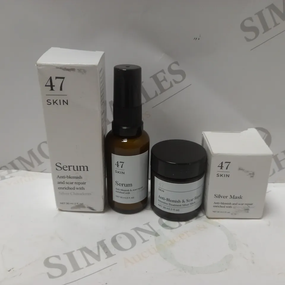 BOXED PAIR OF 47 SKIN PRODUCTS TO INCLUDE ANTI BLEMISH SERUM (30ml), SILVER MASK (30ml)