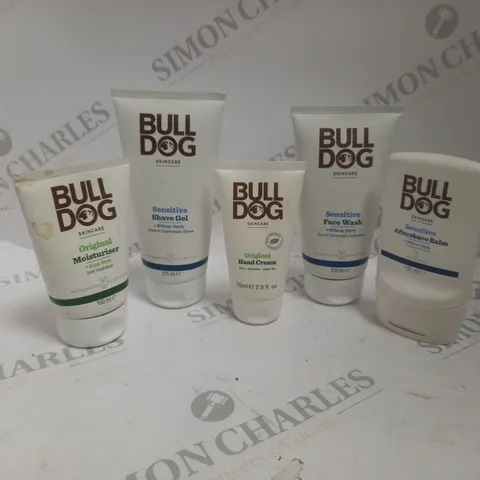 BOX OF 5 BULL DOG BEAUTY PRODUCTS TO INCLUDE ORIGINAL MOISTURISER, SHAVE GEL, HAND CREAM, ETC.