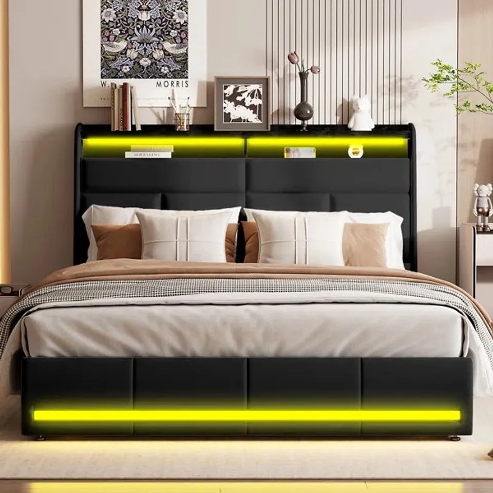 BOXED UPHOLSTERED OTTOMAN STORAGE BED WITH LED (2 BOXES)