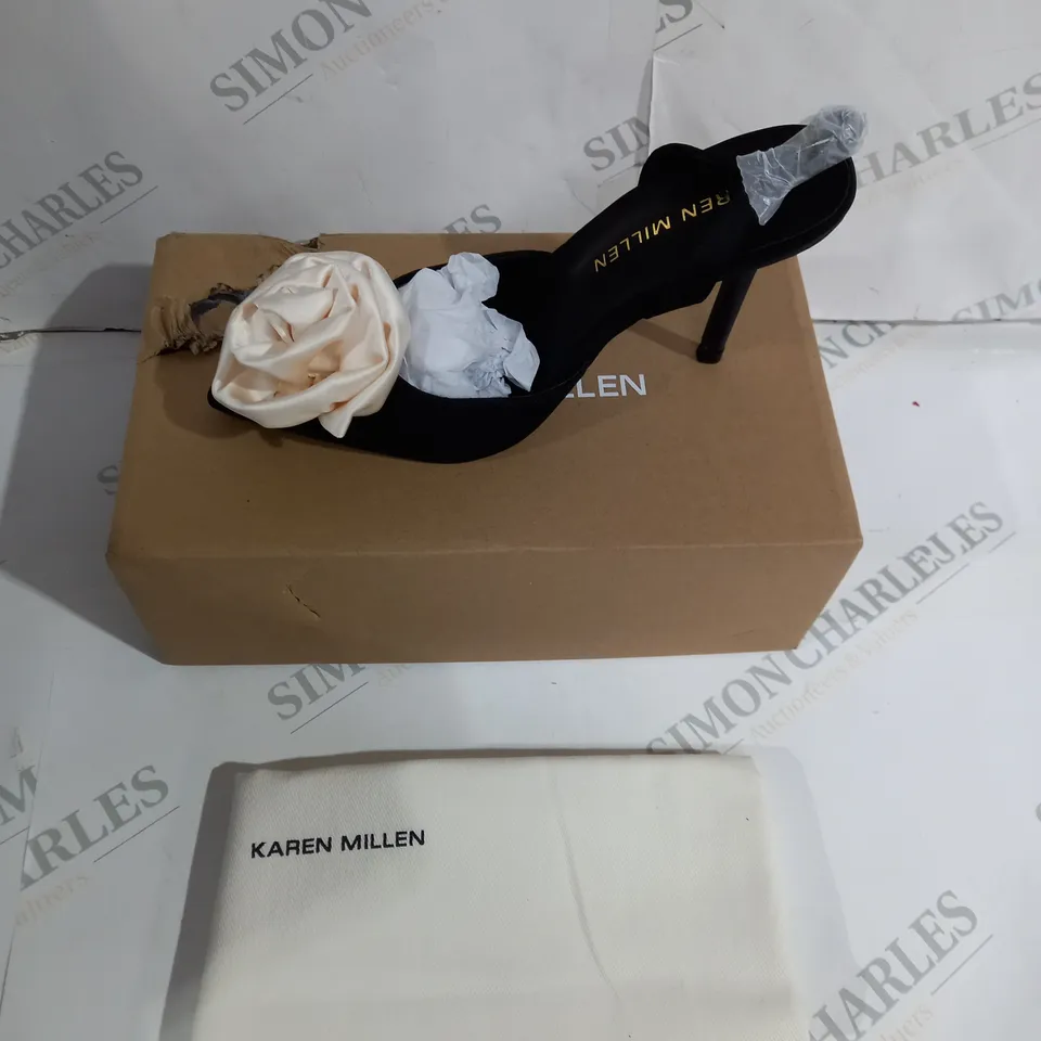 BOXED PAIR OF KAREN MILLEN BLACK HEELS SIZE 3