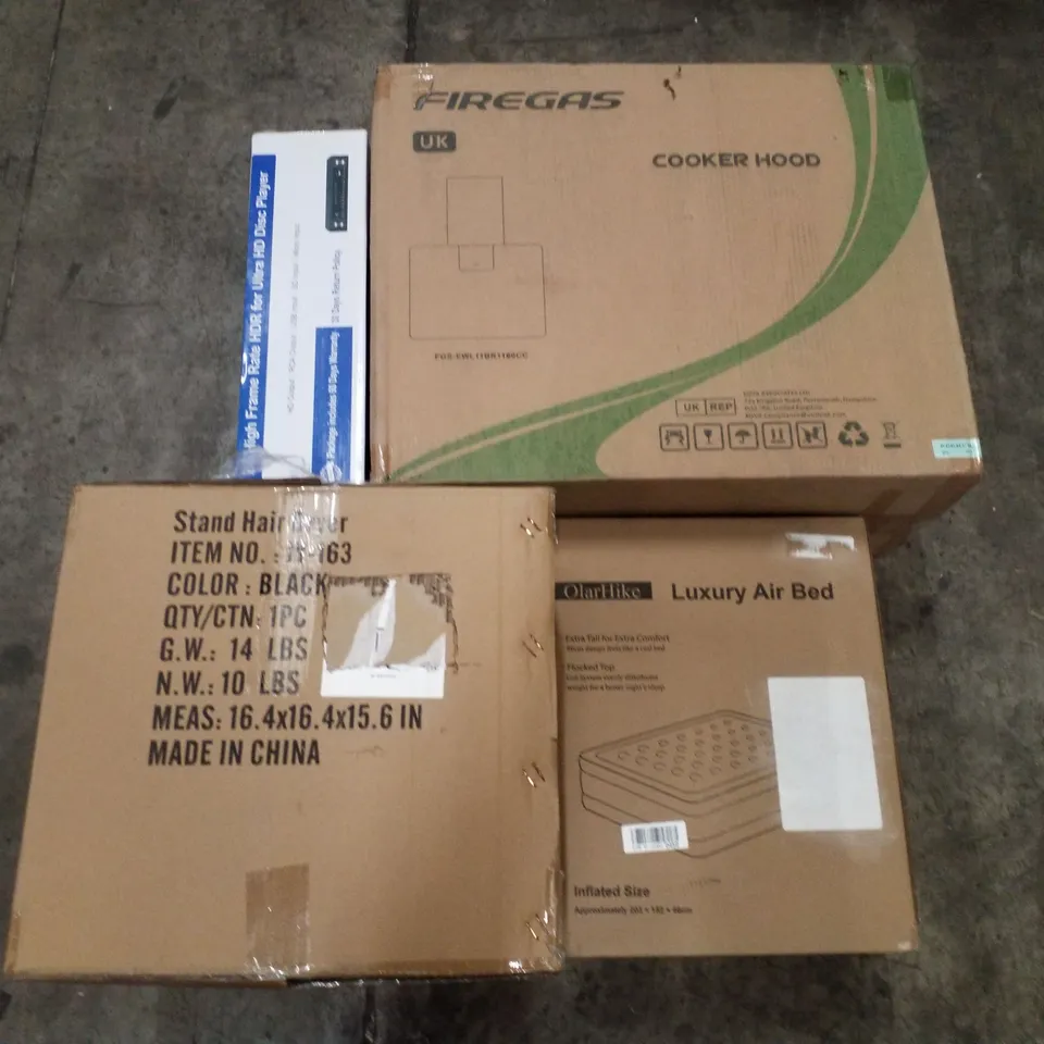 PALLET OF ASSORTED PRODUCTS INCLUDING COOKER HOOD, LUXURY AIR BED, STAND HAIR DRYER, HD DISC PLAYER