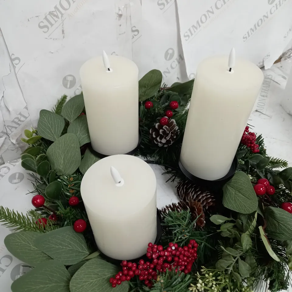 HOME REFLECTIONS 3 IN 1 FLAMELESS CANDLE WITH WREATH SET RED BERRY