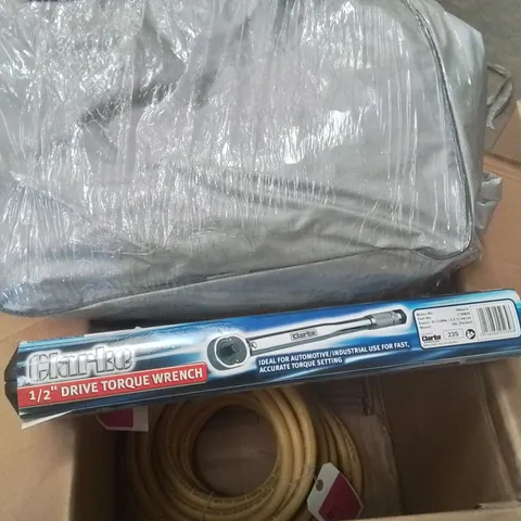 MIXED  OX TO INCLUDE MEDIUM CAR COVER, ½" DRIVE TORQUE WRENCH AND AIR HOSE