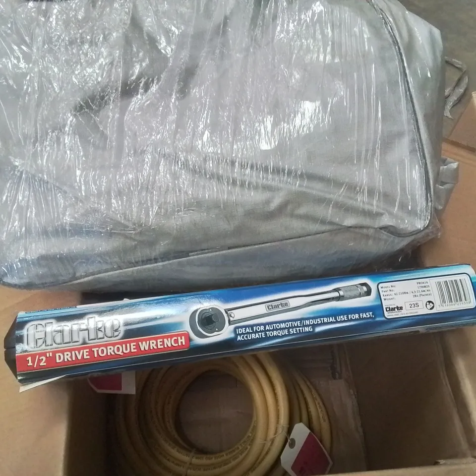 MIXED  OX TO INCLUDE MEDIUM CAR COVER, ½" DRIVE TORQUE WRENCH AND AIR HOSE