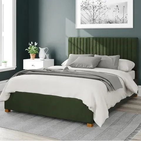 BOXED UPHOLSTERED OTTOMAN BED FRAME IN PLUSH FOREST GREEN (1 BOX )