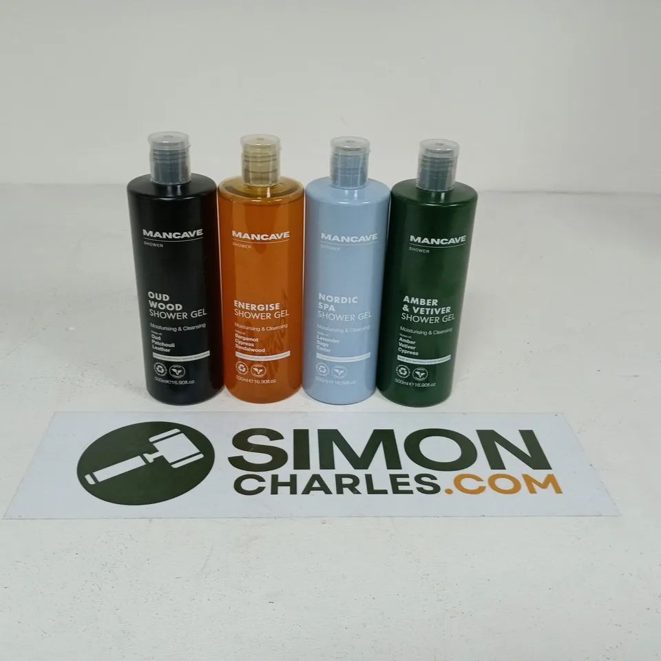 MANCAVE SHOWER GEL COLLECTION – 4 X 500ML (OUD WOOD, ENERGISE, NORDIC SPA, AMBER & VETIVER)