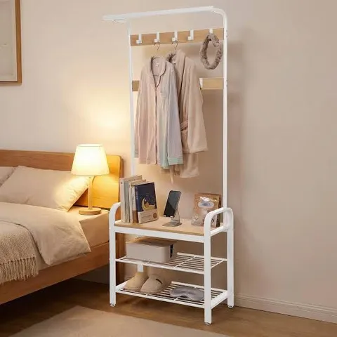 BOXED STANDING COAT RACK WHITE FRAME, OAK HOOKS 183 X 74CM