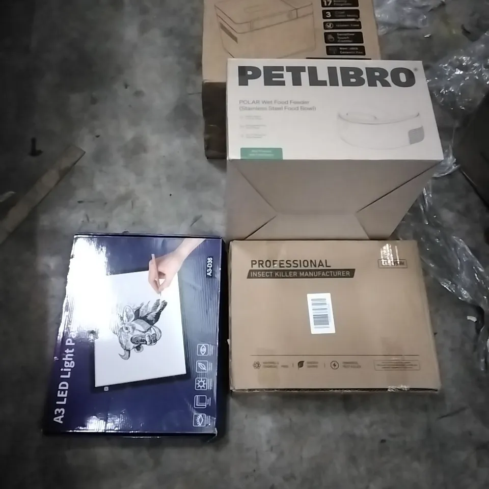 PALLET OF HOUSEHOLD ITEMS TO INCLUDE BREAD MAKER,PROFESSIONAL INSECT KILLER,A3 LED LIGHT PAD,PETLIBRO AND OTHER ASSORTED ITEMS...