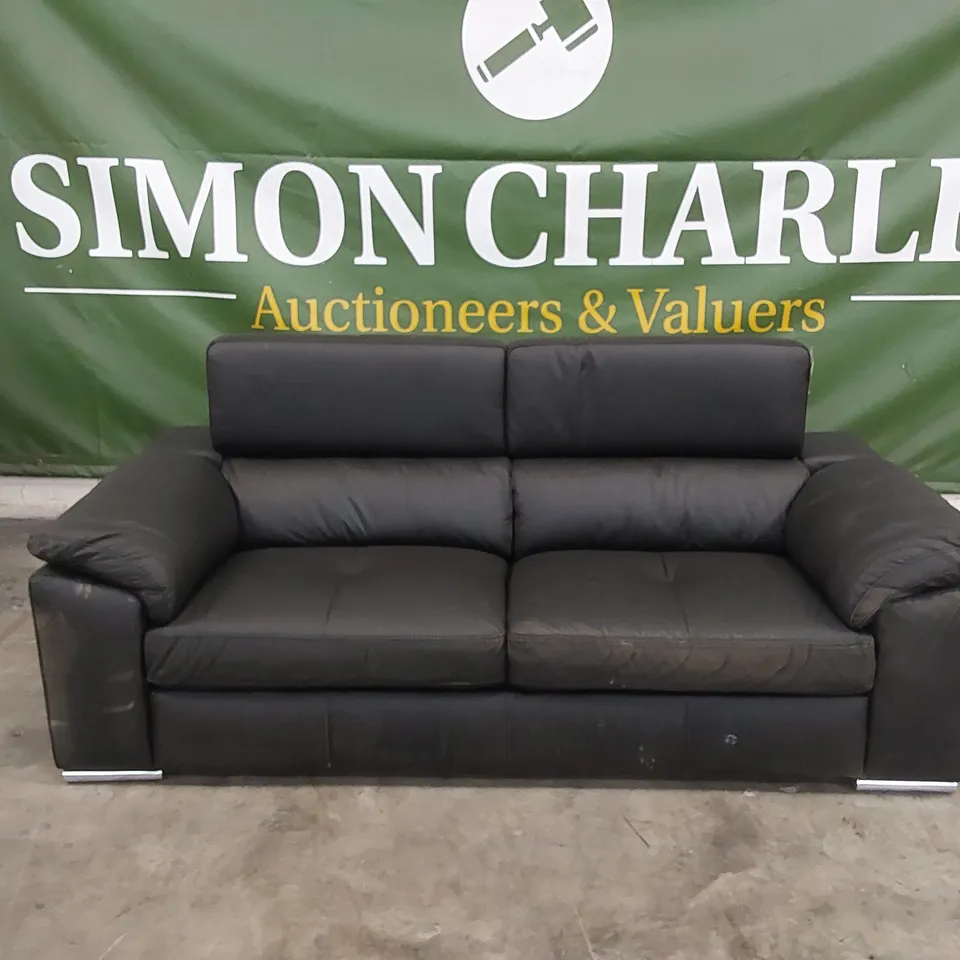 DESIGNER LARGE BLACK LEATHER UPHOLSTERED SOFA WITH ADJUSTABLE HEAD REST 