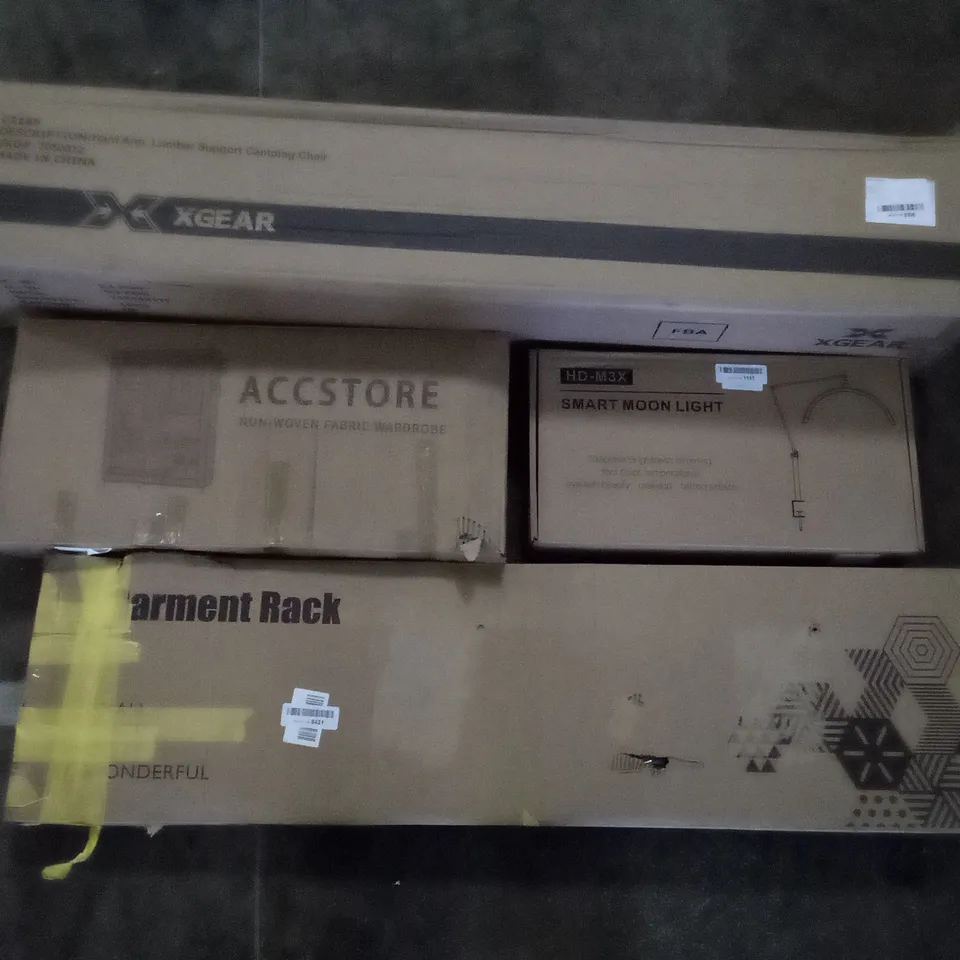 PALLET OF ASSORTED ITEMS INCLUDING GARMENT RACK, ACCSTORE NON-WOVEN FABRIC WARDROBE, SMART MOON LIGHT, LUMBAR SUPPORT CAMPING CHAIR, TOILET SEAT