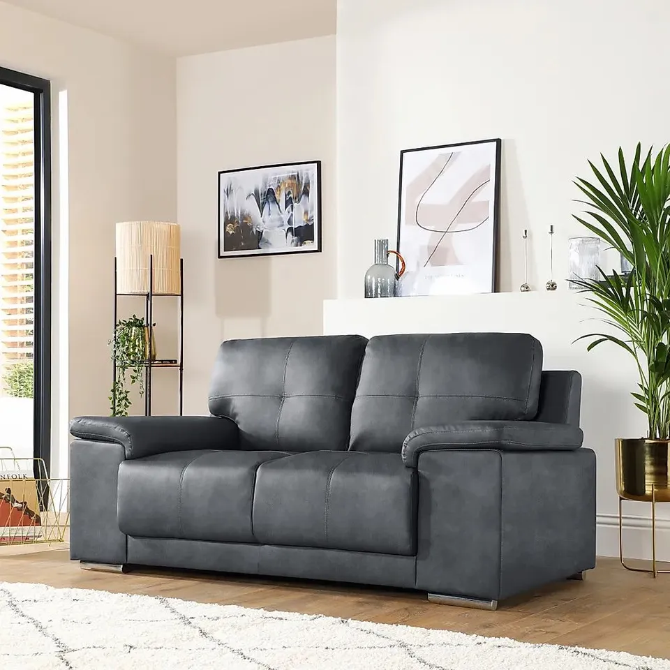 BOXED VINTAGE KANSAS GREY LEATHER TWO SEATER SOFA 