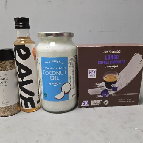 APPROXIMATELY 6 ASSORTED FOOD ITEMS TO INCLUDE - COCONUT OIL , AMAZON LUNGO , TOASTA SESAME SEEDS ETC
