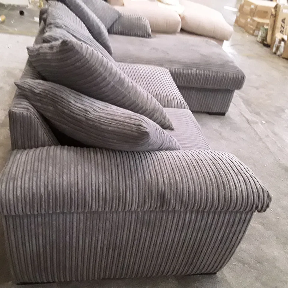 QUALITY DESIGNER AMALFI 3 SEATER SOFA WITH RHF CHAISE - GREY CORDUROY FABRIC  