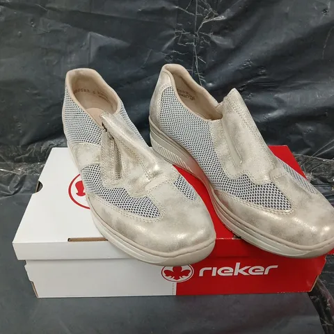 BOXED PAIR OF RIEKER BEIGE ZIP TRAINERS - UK SIZE 7.5