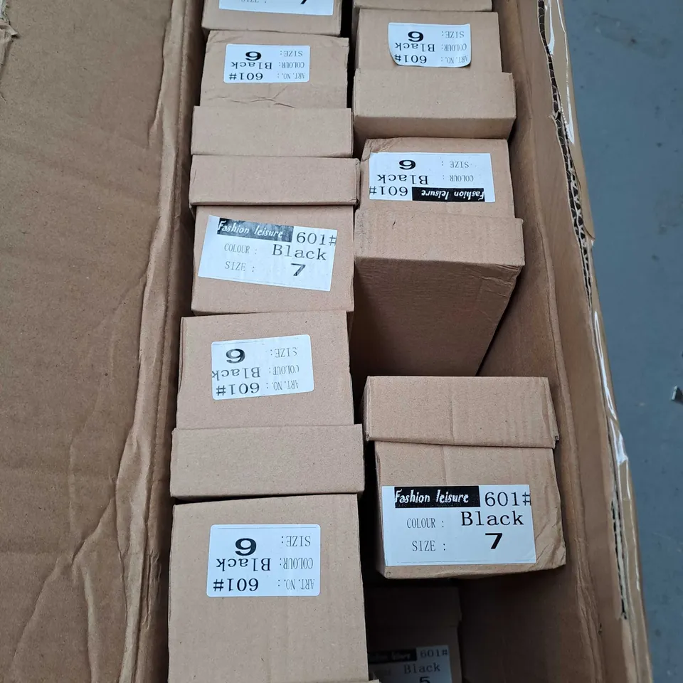 BOX OF APPROXIMATELY 16 PAIRS OF SLIP ON SHOES IN BLACK - VARIOUS SIZES