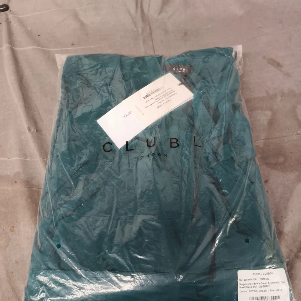 CLUB L LONDON BOTTLE GREEN ASYMMETRIC CAPE MAXI DRESS – UK 16