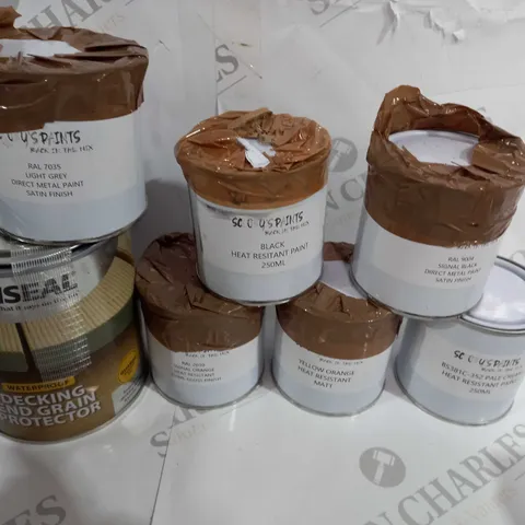 LOT OF ASSORTED PAINTS TO INCLUDE RONSEAL AND SCOOBYS PAINTS / COLLECTION ONLY 