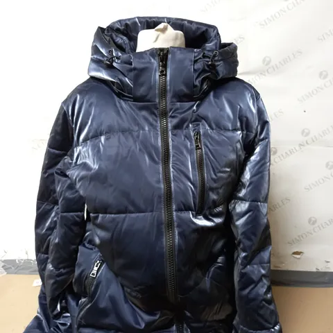 NUAGE LIQUID SHINE 3/4 COAT WITH SIDE ZIPPERS & HOOD BLUE EXTRA LARGE