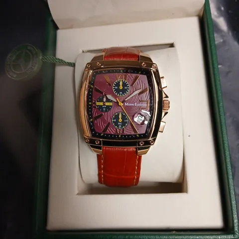 MANN EGERTON WRISTWATCH – BURGUNDY DIAL, ROSE-GOLD CASE, RED LEATHER STRAP, BOXED