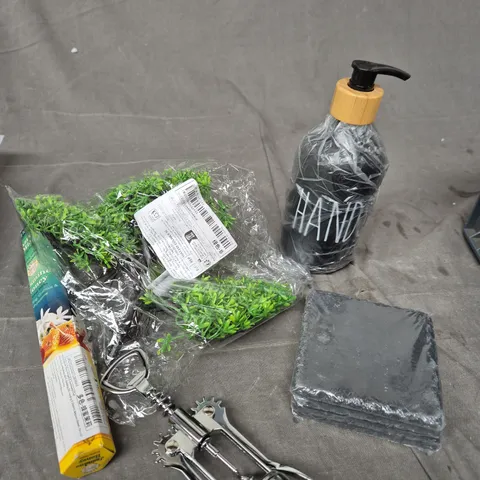 APPROXIMATELY 15 ASSORTED HOUSEHOLD ITEMS TO INCLUDE INCENSE STICKS, CORKSCREW, COASTERS ETC 