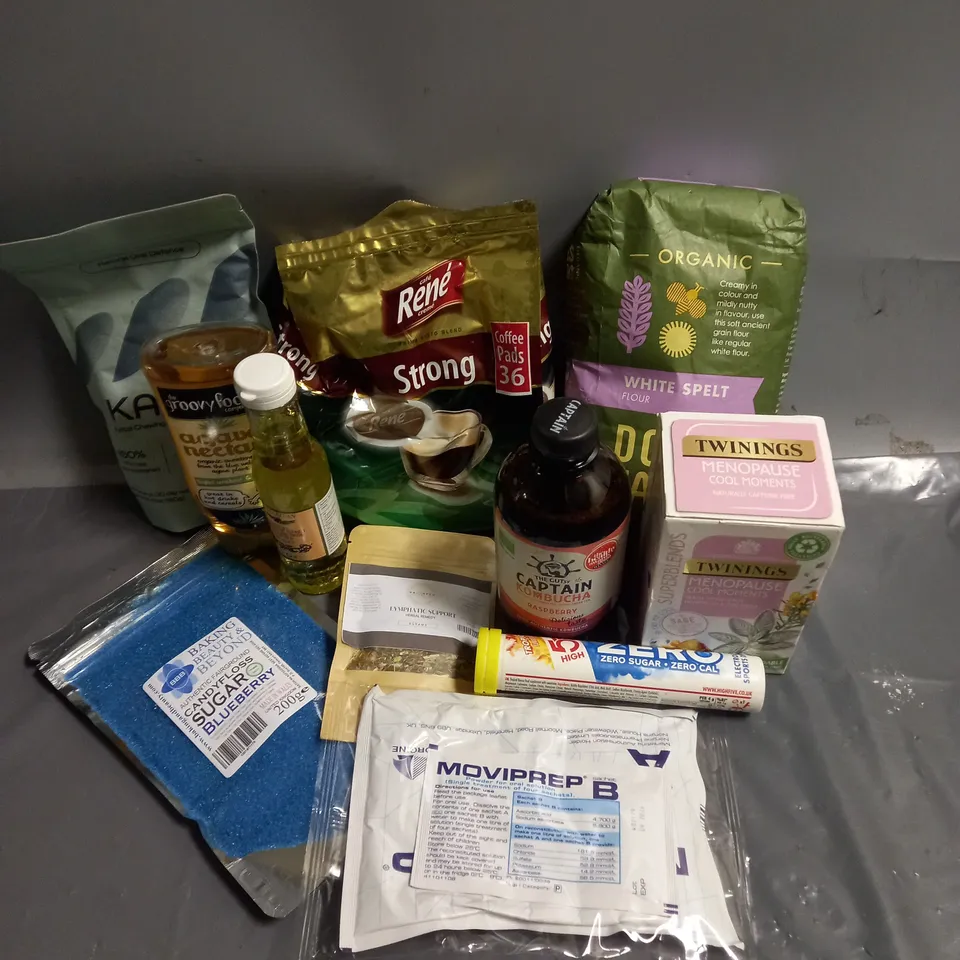 APPROXIMATELY 10 ASSORTED FOOD/DRINK PRODUCTS TO INCLUDE - TWININGS MENOPAUSE TEA BAGS - THE GROOVY FOOD AGAVE NECTAR - DOVES FARM WHITE SPELT FLOUR - ETC