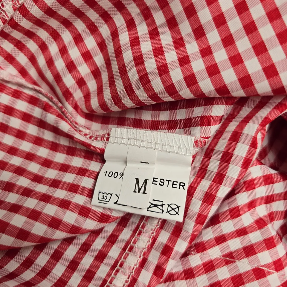 CHARLIE SUEDE WOMEN'S RED & WHITE GINGHAM BLOUSE – POLYESTER, SIZE M, BUTTON FRONT