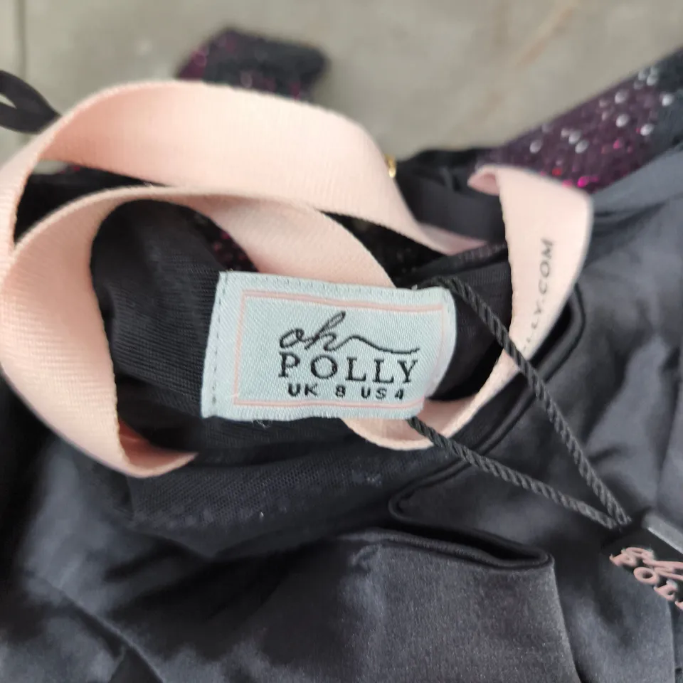 OH POLLY SEQUIN BUSTIER TOP – UK 8 (US 4), BLACK WITH PINK GLITTER