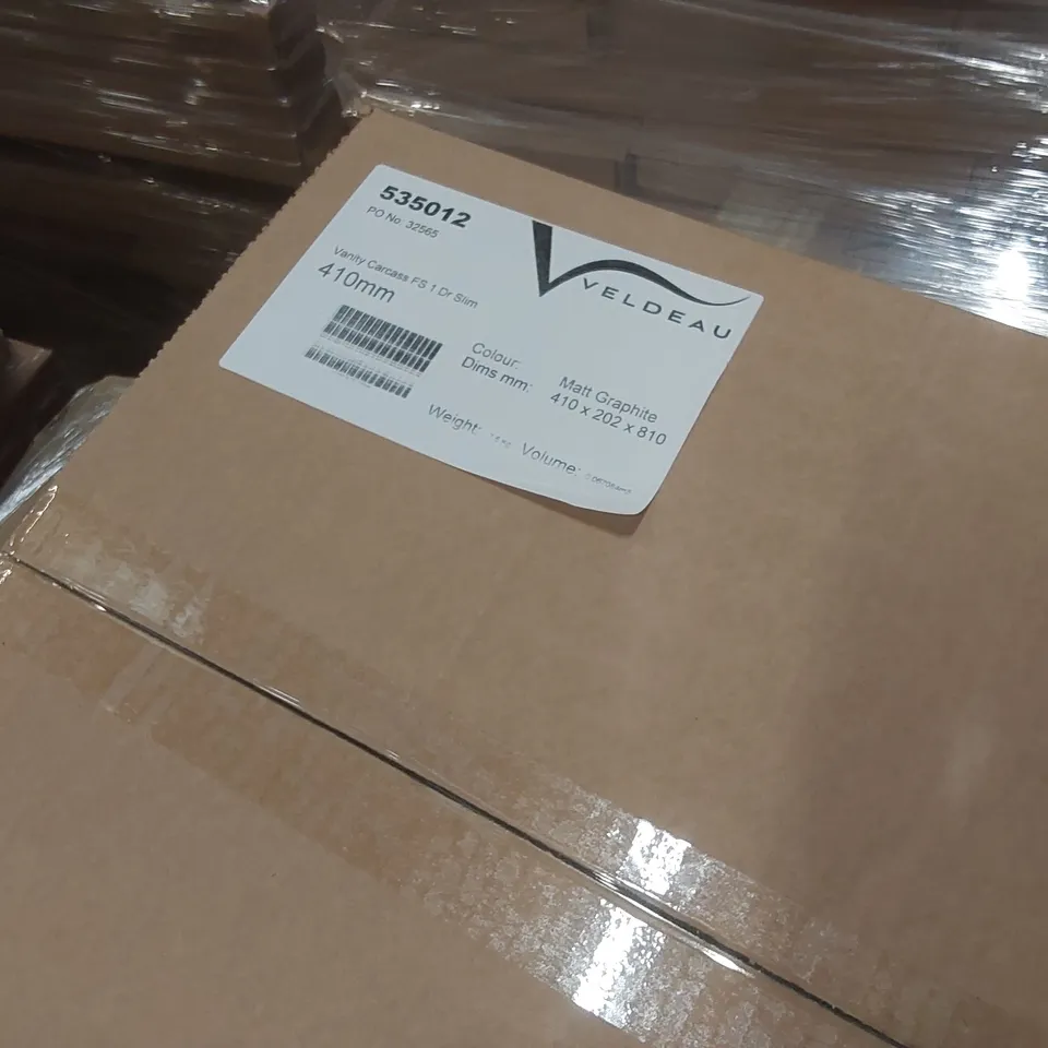 PALLET CONTAINING A LARGE QUANTITY OF ASSORTED BATHROOM FURNITURE PARTS INCLUDING: VANITY CARCASS, TALL WALL DOOR FURNITURE PART, VANITY PELMET PANEL ECT