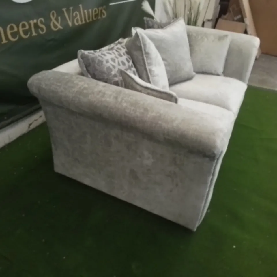 DESIGNER VESPER GREY FABRIC TWO SEATER SOFA WITH STUDDED ARM DETAIL