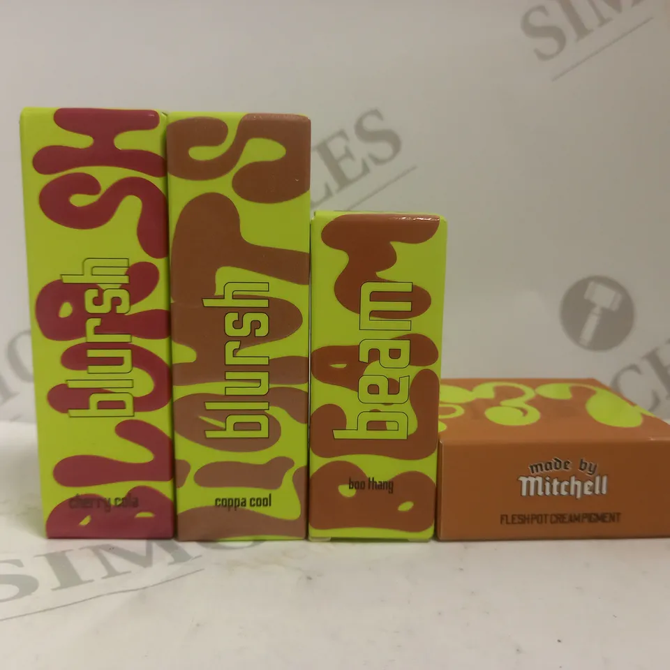 BOX OF 4 ASSORTED MADE BY MITCHELL PRODUCTS TO INCLUDE LIQUID BLUSH #COPPA COOL, LIQUID BLUSH #CHERRY COLA, FLESH POT CREAM PIGMENT #KOMBUCHA, LIP GLOSS #BOO THANG 