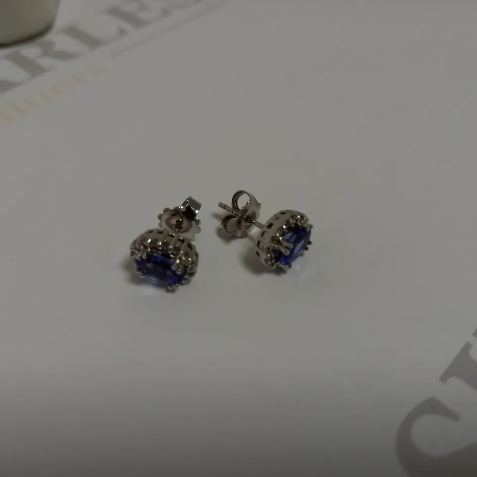 DESIGNER 18CT WHITE GOLD HALO EARRINGS SET WITH OVAL CUT TANZANITE AND DIAMONDS, WEIGHT +-1.83CT