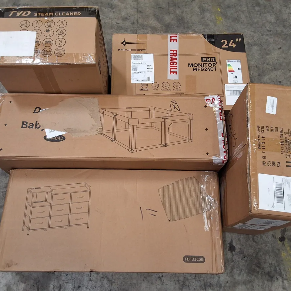 PALLET CONTAINING ASSORTED PRODUCTS INCLUDING STEAM CLEANER, 24" MONITOR, BABY PEN, CEILING LIGHT WITH FAN & 8 DRAW CHEST OF DRAWERS