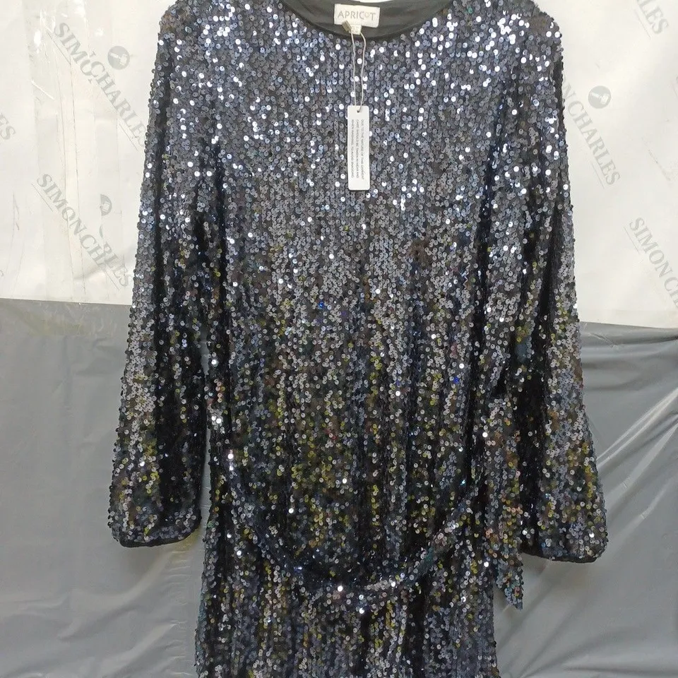 APRICOT PUFF SLEEVE DRESS IN SEQUIN GUNMETAL - SIZE 14