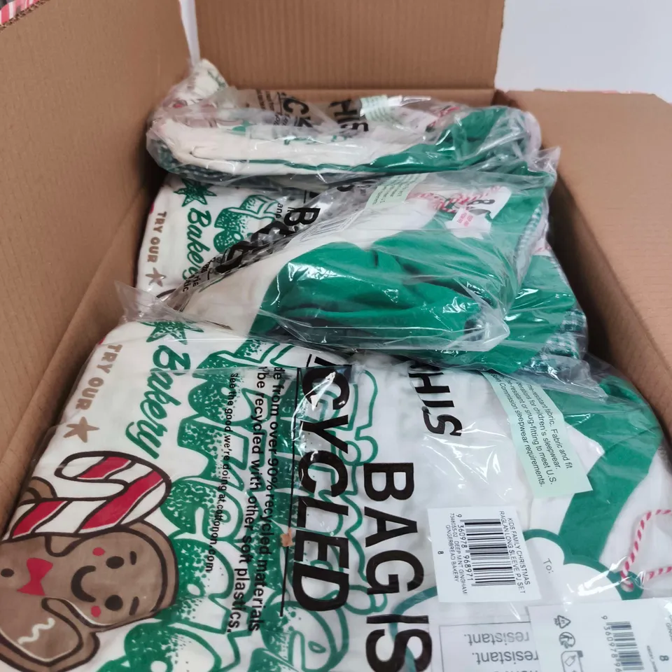 BOX OF APPROXIMATELY 35 ASSORTED CLOTHING ITEMS TO INCLUDE KIDS FAMILY CHRISTMAS RAGLAN LONG SLEEVE PJ SET VARSITY RED ETC