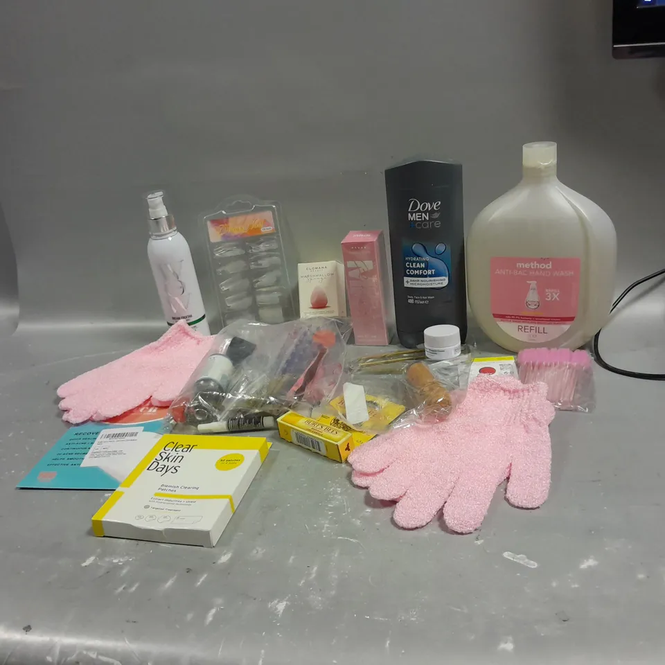 BOX OF APPROXIMATELY 12 ASSORTED COSMETIC ITEMS TO INCLUDE- DOVE MENS BODY WASH - ANTI-BAC HAND WASH - LIP BALM, ETC.