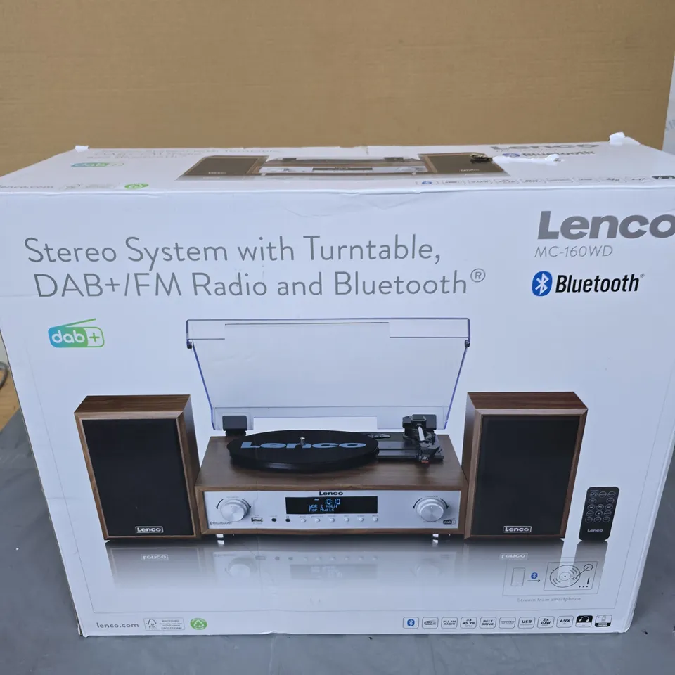 LENCO MC-160WD STEREO SYSTEM WITH TURNTABLE, DAB+/FM RADIO AND BLUETOOTH – BOXED