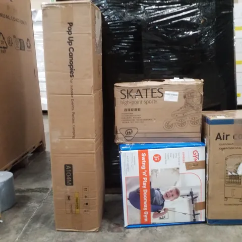 PALLET OF ASSORTED HOUSEHOLD GOODS AND PRODUCTS TO INCLUDE;AIR COOLER,SWING AND PLAY DOORWAY GYM,SKATES,POP UP CANOPIES 