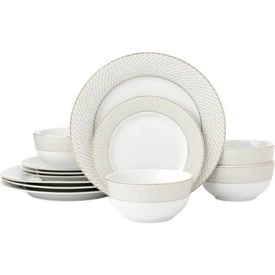 BOXED 12PC PREMIUM DIAMOND & GOLD DINNER SET