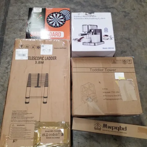 PALLET CONTAINING ASSORTED PRODUCTS INCLUDING DART BOARD, TELESCOPIC LADDER 3.8M, WALLPAPER, TODDLER TOWER & ESPRESSO MACHINE 