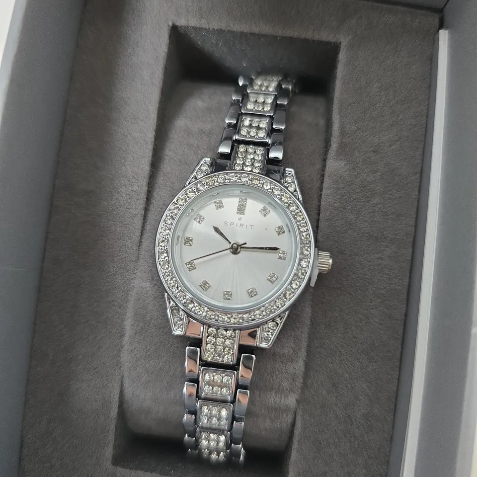 BOXED SPIRIT LADIES POLISHED PALE SILVER CRYSTAL BRACELET WATCH