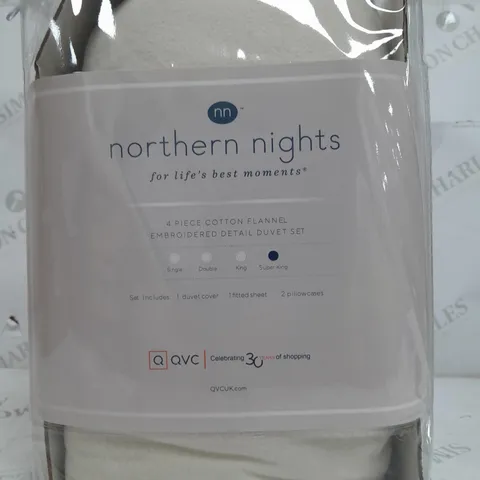 BOXED NORTHERN NIGHTS 100% COTTON 4PC FLANNEL DUVET SET IN CREAM - SUPER KING