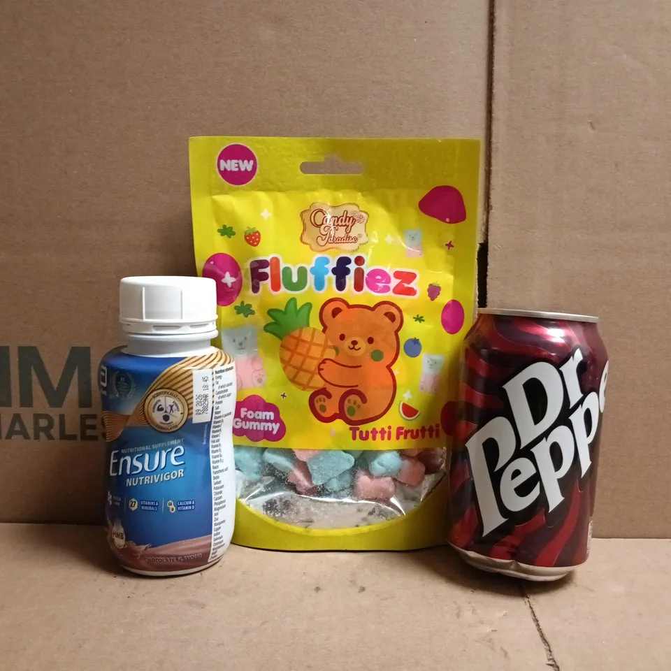 APPROXIMATELY 10 ASSORTED FOOD AND DRINK ITEMS TO INCLUDE DR PEPPER, ENSURE, ETC