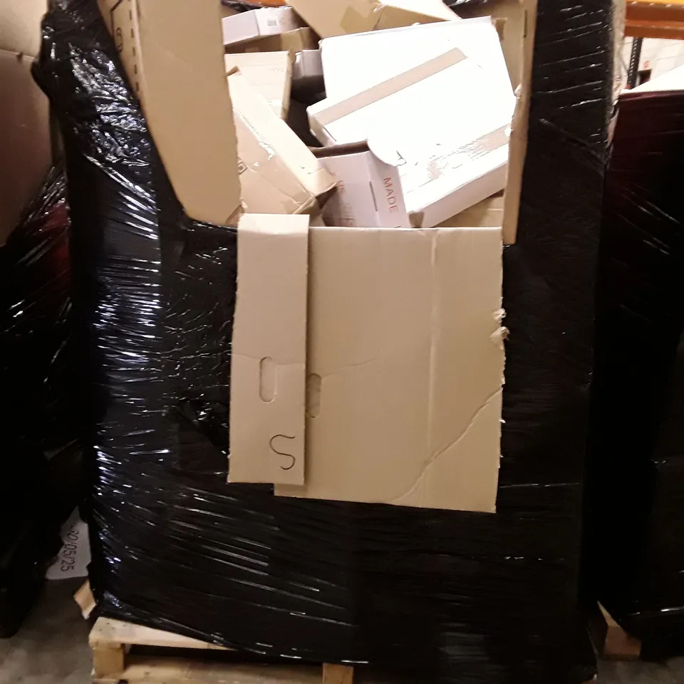 PALLET TO CONTAIN AN ASSORTMENT OF HOUSEHOLD ITEMS TO INCLUDE LAPTOP BEDS, DART BOARDS, EASTER BUNNY COSTUMES AND EV CHARGER ECT