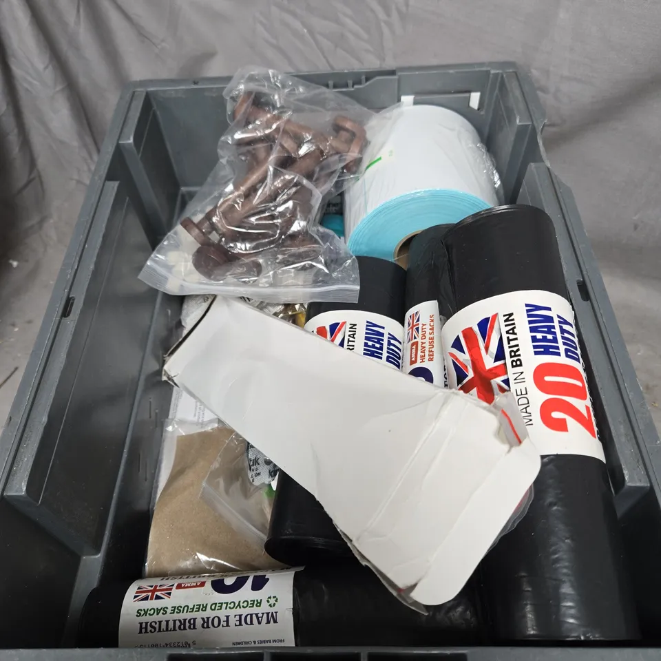 APPROXIMATELY 15 ASSORTED HOUSEHOLD ITEMS TO INCLUDE CAMERA BATTERY CHARGER, BIN BAGS, STAMP, ELECTRIC TOOTHBRUSH ETC