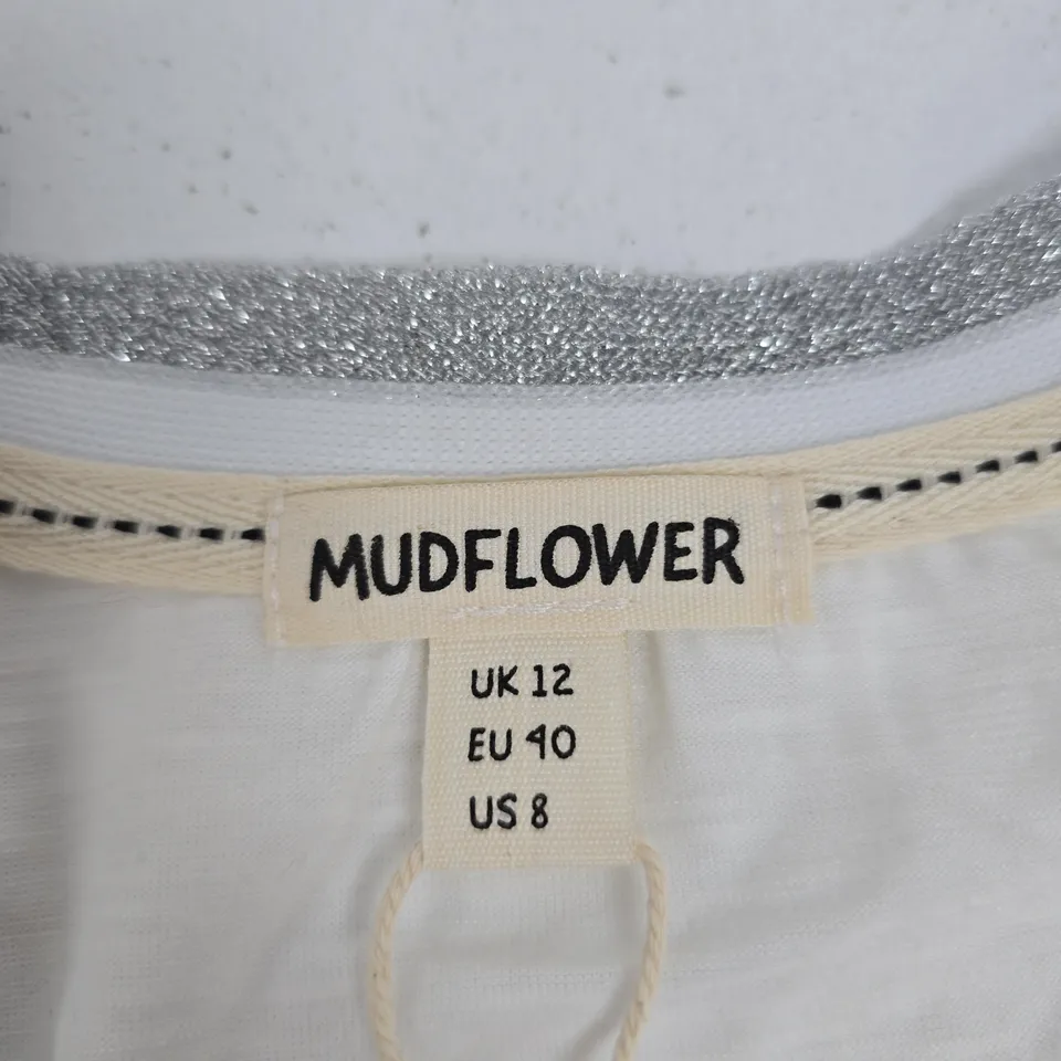 MUDFLOWER UK 12 WOMEN'S WHITE FLORAL PRINT V-NECK T-SHIRT (EU 40, US 8)