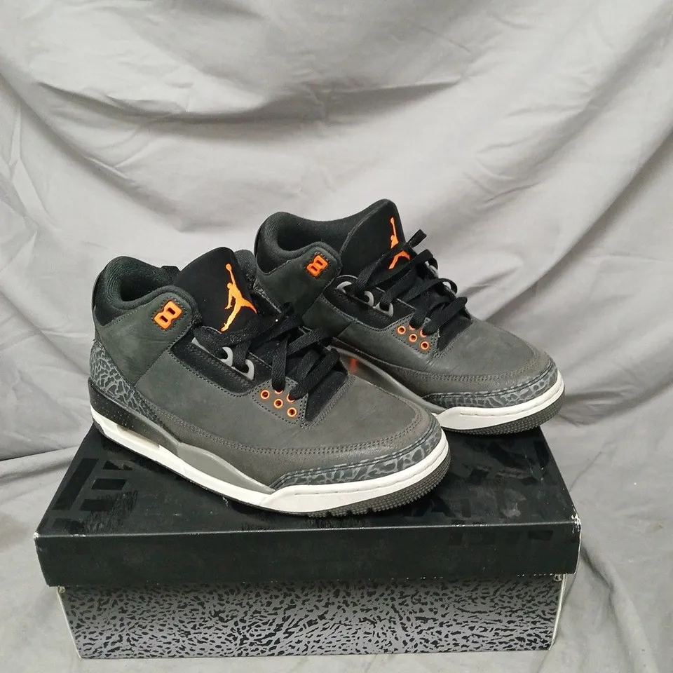 AIR JORDAN 3 RETRO SNEAKERS – GREY/BLACK WITH ORANGE ACCENTS - SIZE 7