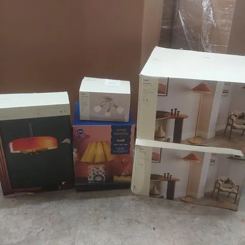 PALLET CONTAINING A VERY LARGE QUANTITY OF ASSORTED DESIGNER LIGHTING PRODUCTS INCLUDING: PHUKET FLOOR LAMPS, BELDI TABLE LAMP, SMITHSON SEMI FLUSH CEILING LIGHT, FLOYD 2 LIGHT GLASS PENDANT ECT