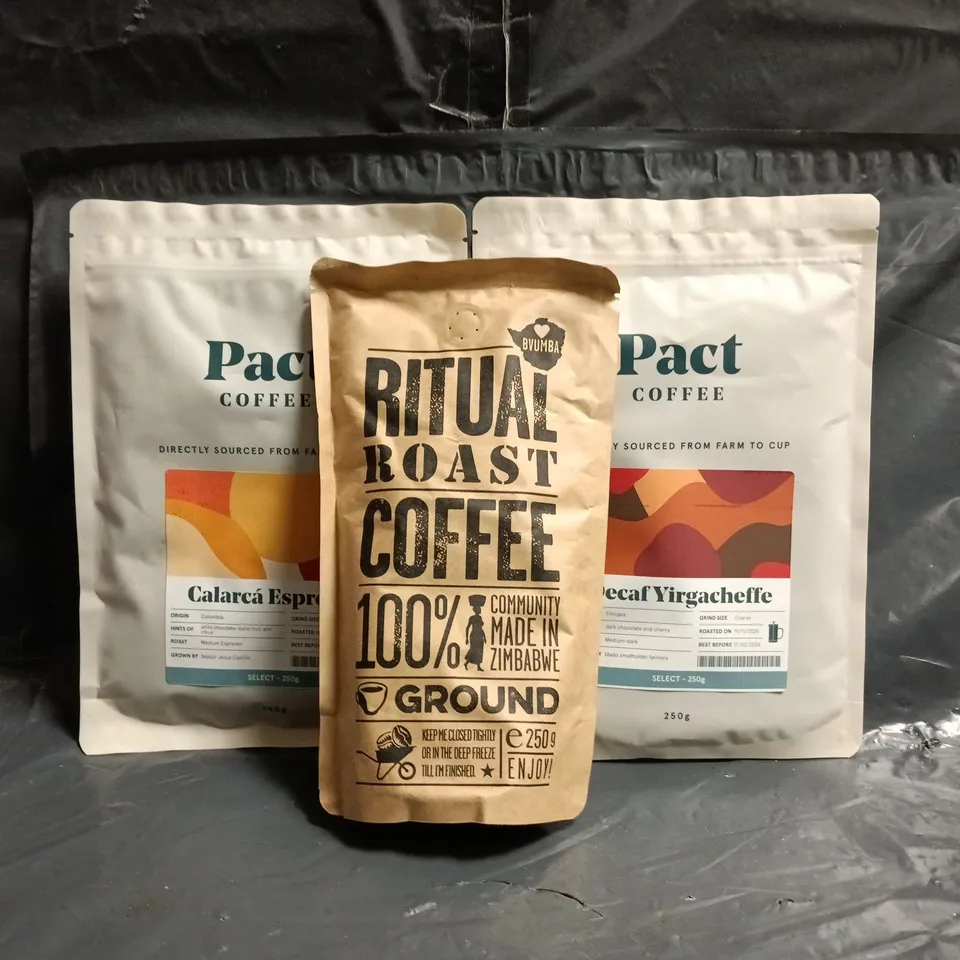 APPROXIMATELY 5 ASSORTED FOOD AND DRINK ITEMS TO INCLUDE PACT COFFEE, BRUTAL ROAST COFFEE, ETC