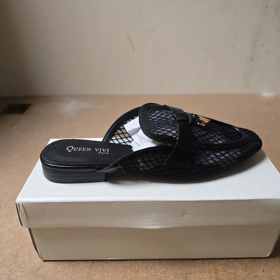 QUEEN VIVI PARIS WOMEN'S MESH SLIP-ON SANDALS – BLACK, UK4 (EU37) – BOXED